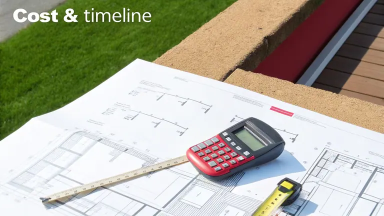 Architectural plans, calculator, and measuring tape on a construction site, symbolizing cost and timeline planning.
