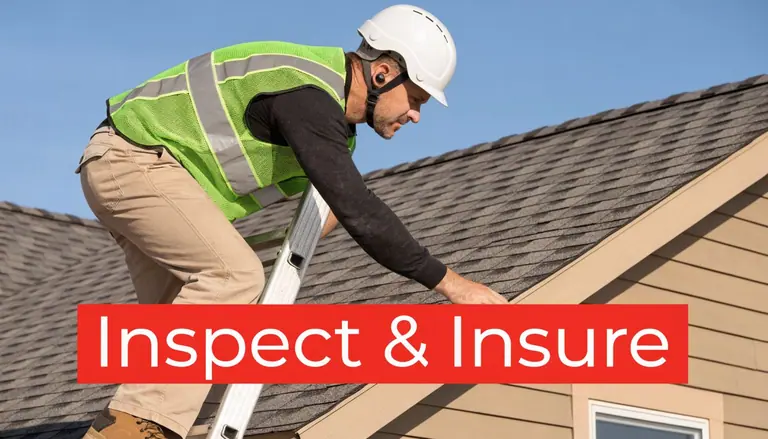 A professional construction inspector in a high-visibility vest examining a shingled roof while on a ladder.