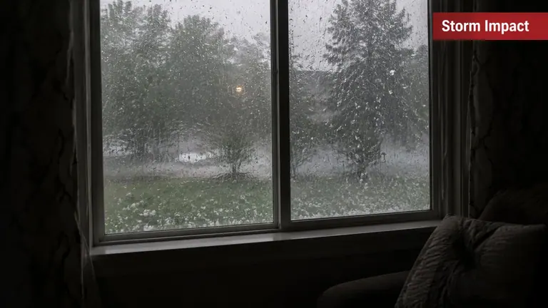 A view through a window during a heavy hailstorm showing white ice pellets covering the grass outside.