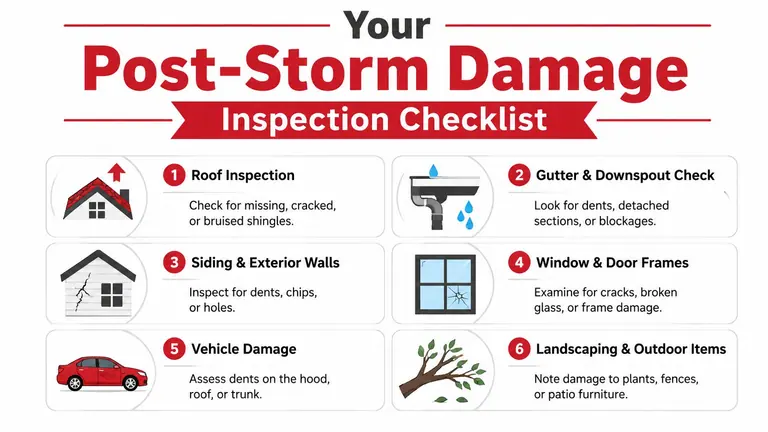 An infographic checklist titled Your Post-Storm Damage Inspection Checklist showing six steps for inspecting home property damage.