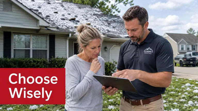A professional roofer discussing storm damage repairs with a concerned homeowner in front of their damaged house.