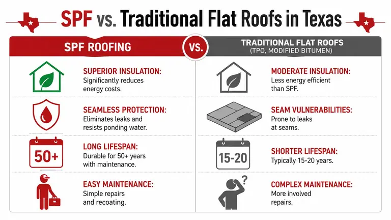 A comparison chart showing benefits of SPF roofing versus traditional flat roofing materials like TPO.