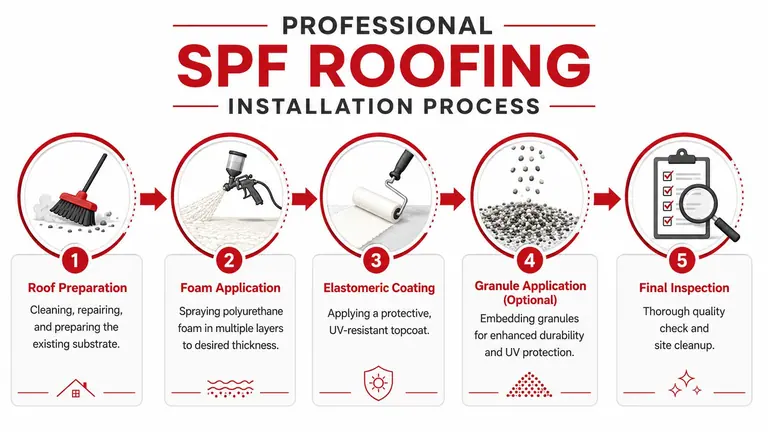 A five-step infographic showing the professional installation process for polyurethane foam roofing on a commercial roof.