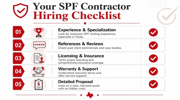 A five-point checklist for hiring a professional SPF roofing contractor for Texas based projects.