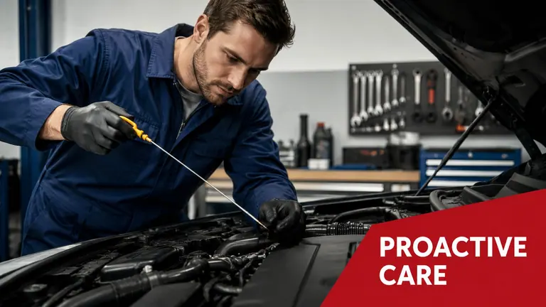 A professional mechanic in a blue uniform checks the oil level of a car engine under the hood.