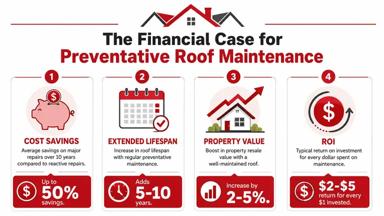 An infographic titled The Financial Case for Preventative Roof Maintenance, detailing four key benefits of maintaining residential roofing.
