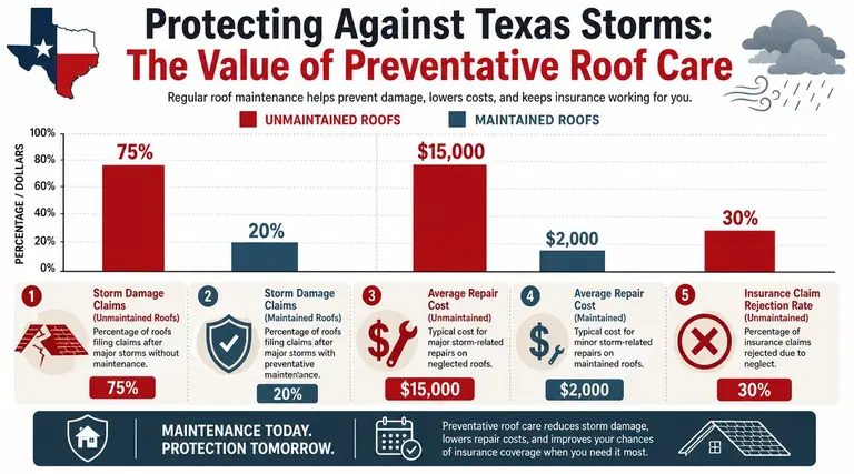 A chart illustrating the financial and protective benefits of preventative roof maintenance compared to unmaintained roofs.