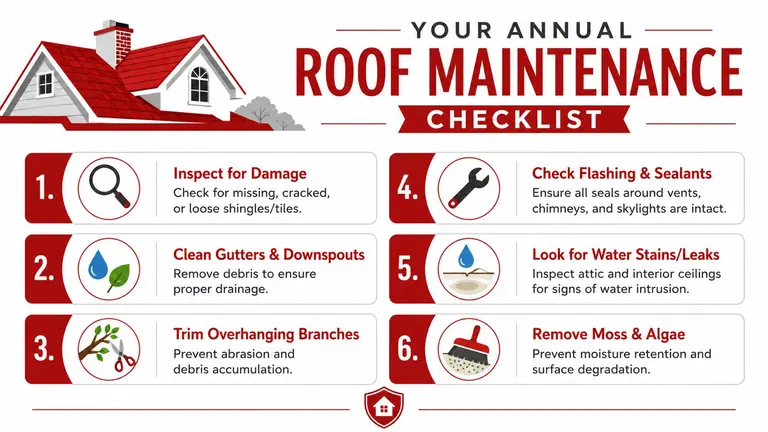 An infographic detailing six essential steps for an annual roof maintenance checklist to protect your home.