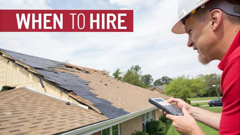 A public adjuster in a hard hat inspects a damaged roof, reviewing details on a mobile device.