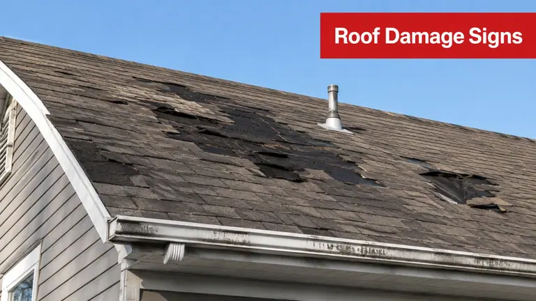 A house roof with significant shingle damage and missing sections, indicating a need for professional inspection.