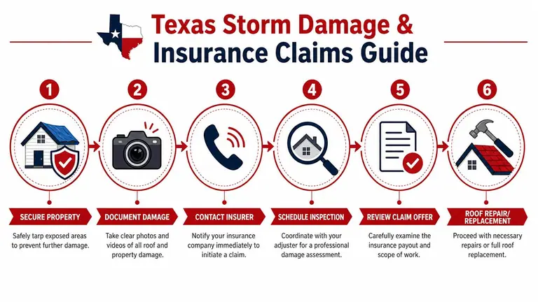 A six-step infographic showing the process for handling Texas storm damage and residential insurance claims.