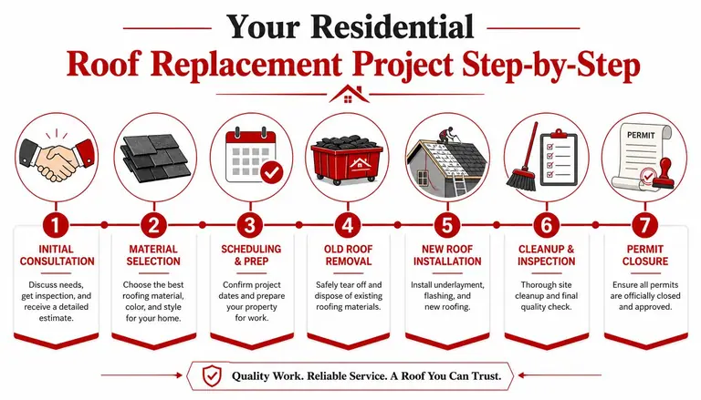 A step-by-step infographic illustrating the seven stages of a residential roof replacement project from consultation to completion.