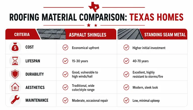 A comparison chart outlining the pros and cons of asphalt shingles versus standing seam metal roofing.
