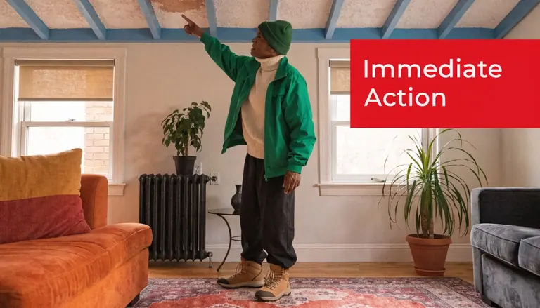 A person in a green jacket pointing at a water stain on the ceiling in their home.