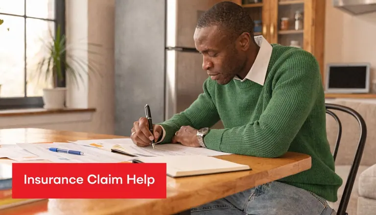 A man sitting at a wooden table filling out insurance claim paperwork in a well-lit room.