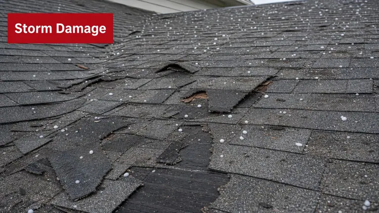 A damaged residential roof with torn asphalt shingles and scattered hail pellets after a severe storm.