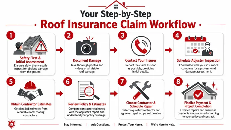 An infographic detailing an eight-step workflow for navigating the roof insurance claim process from assessment to completion.