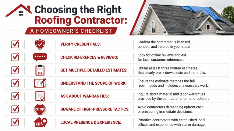 A checklist for homeowners on how to choose a reliable and professional roofing contractor for home repairs.