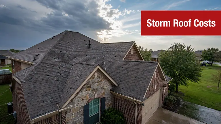 A house roof with significant hail damage on a cloudy day, indicating a need for repair.