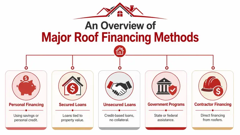 A diagram outlining five different roof financing methods, including personal, secured, unsecured, government, and contractor financing options.