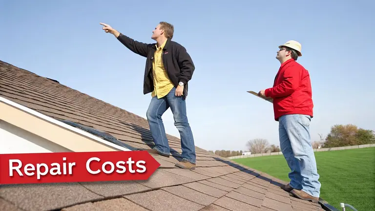 Two men on a shingle roof, one pointing towards damage, the other inspecting with a clipboard.