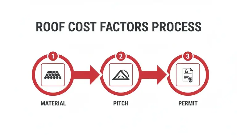 Diagram illustrating the roof cost factors process, detailing material, pitch, and permit considerations.