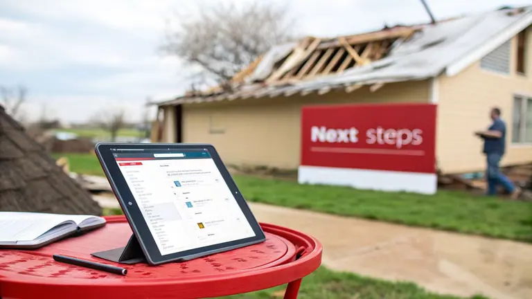 A tablet on a red table with a damaged house and a 'Next steps' sign in the background.