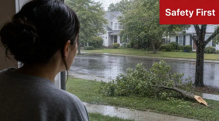 A woman looks through a window at a fallen tree branch following a severe storm.