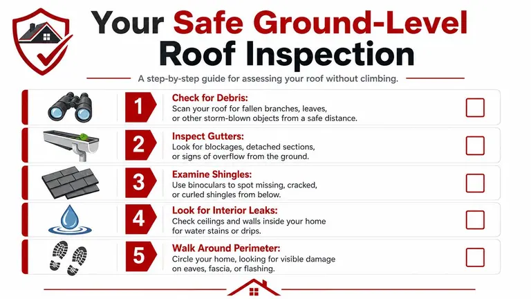 A checklist infographic titled Your Safe Ground-Level Roof Inspection showing five steps to assess your roof safely.