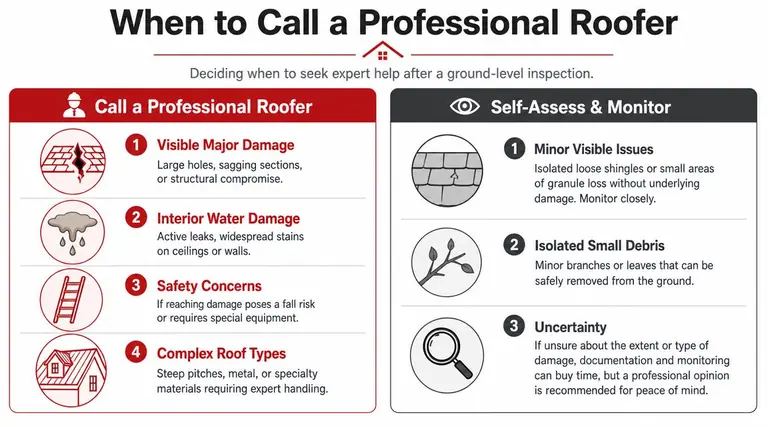 An infographic showing when to call a professional roofer versus when to self-assess roof damage.