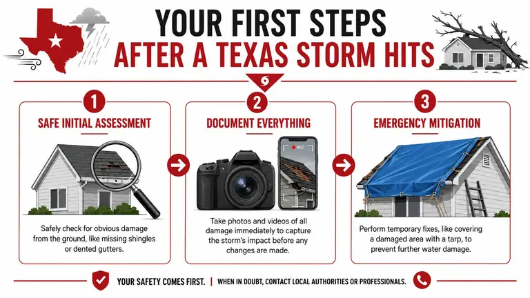 An infographic showing three steps to follow after a Texas storm for filing a property insurance claim.