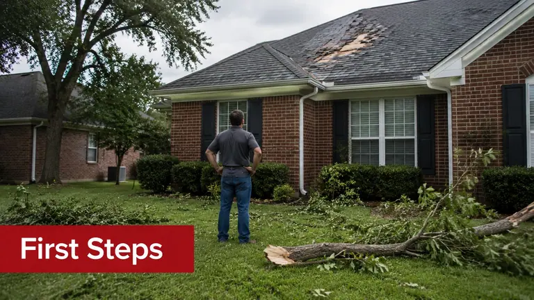 A man standing in his yard observing storm damage to his house roof after a tree branch fell.
