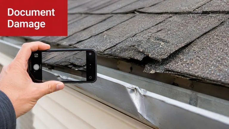 A person using a smartphone to photograph a damaged roof shingle and a dented metal gutter.