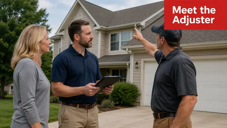 A professional insurance adjuster points to a house roof while discussing a claim with homeowners outdoors.