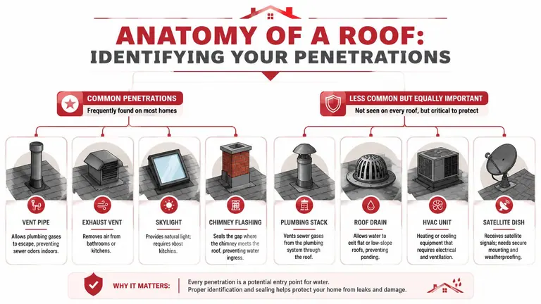 An infographic showing various types of roof penetrations like chimneys, vents, and skylights that require professional sealing.