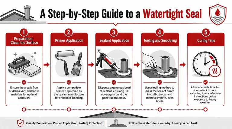 A step-by-step infographic illustrating the professional process for creating a watertight seal around roof penetrations.