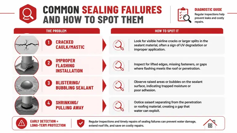 An infographic showing four common roof sealing failure types with instructions on how to identify them.