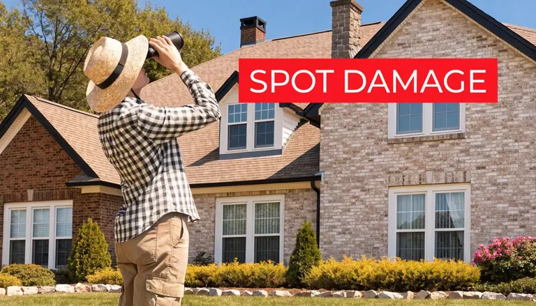 A person wearing a straw hat and plaid shirt inspects a house roof using binoculars.