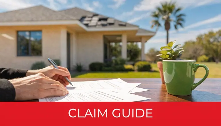 A person writing on insurance claim documents outdoors on a table with a house in the background.