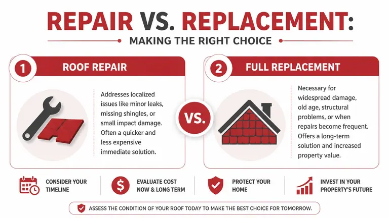 An infographic comparing roof repair and full roof replacement to help homeowners make the right choice.