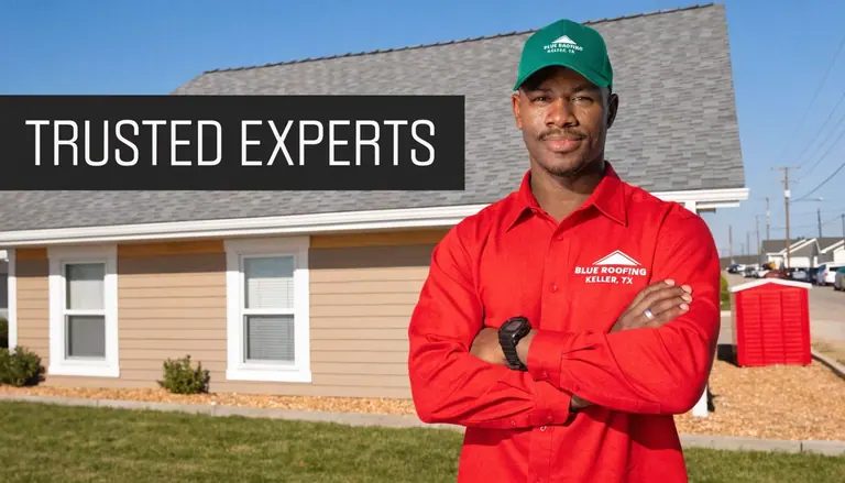A professional roofer from Blue Roofing Keller TX stands confidently in front of a residential house.