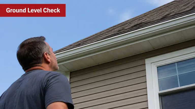 A man stands outdoors while performing a visual ground level inspection of his home roof and gutters.