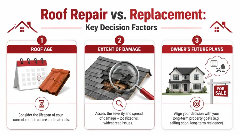 An infographic showing three key factors for deciding between a roof repair or a full replacement.