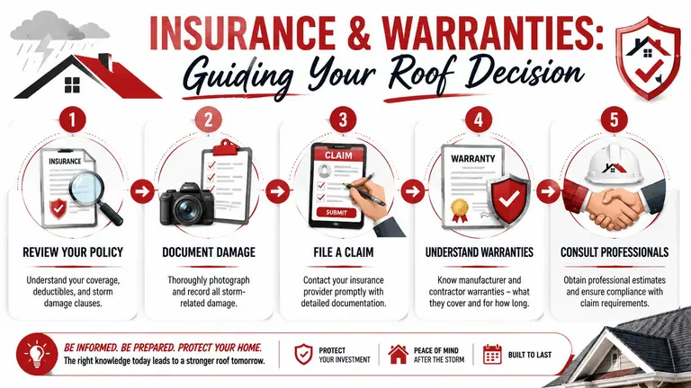 An infographic showing a five-step guide for managing home roof insurance claims and warranties after storm damage.