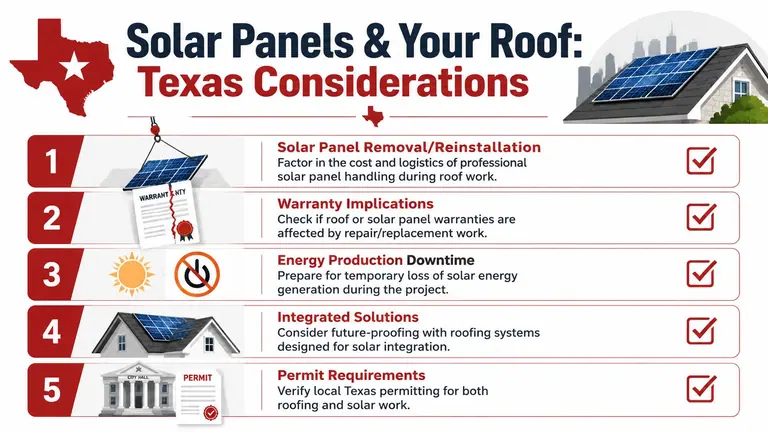 An infographic detailing five key considerations for homeowners in Texas regarding solar panels and roof maintenance.