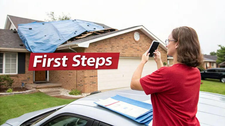 A woman photographs a house with a blue tarp covering its damaged roof after a storm.