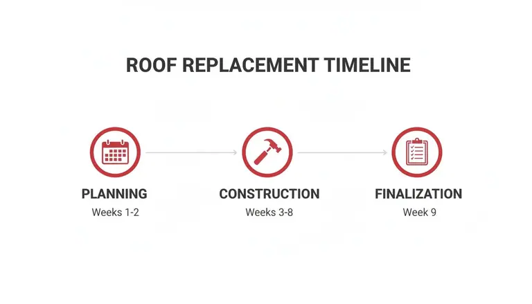 Timeline graphic showing roof replacement stages: Planning (Weeks 1-2), Construction (Weeks 3-8), and Finalization (Week 9).