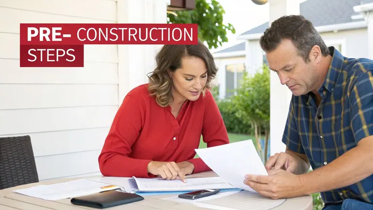 Couple reviews pre-construction documents on a patio, discussing building project steps.