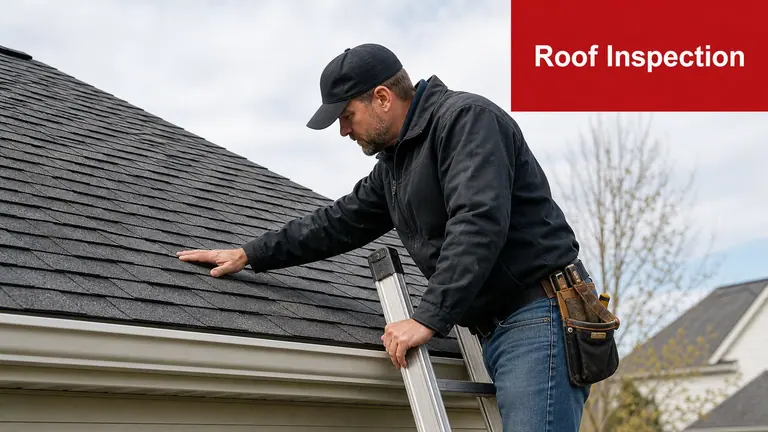 A professional inspector in a jacket inspecting shingles on a house roof while standing on a ladder.