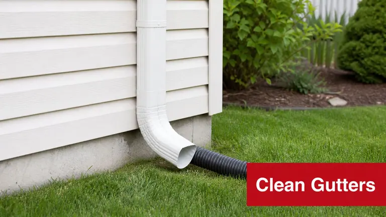 A white metal downspout connected to a black drainage pipe on a house exterior with green lawn.